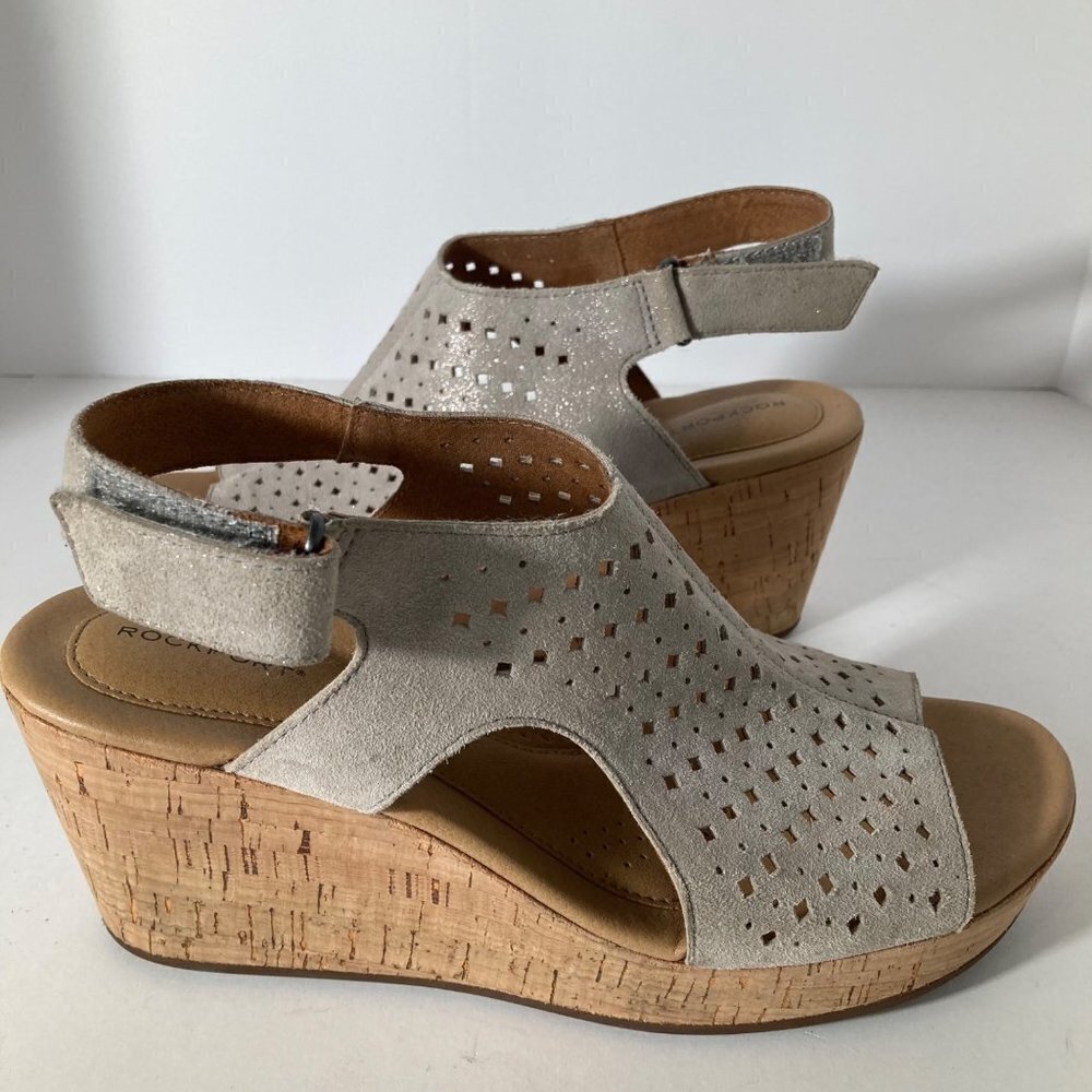 Womens Rockport Briah Slingback Suede Wedge Sandal Laser Cut Metallic Khaki 8